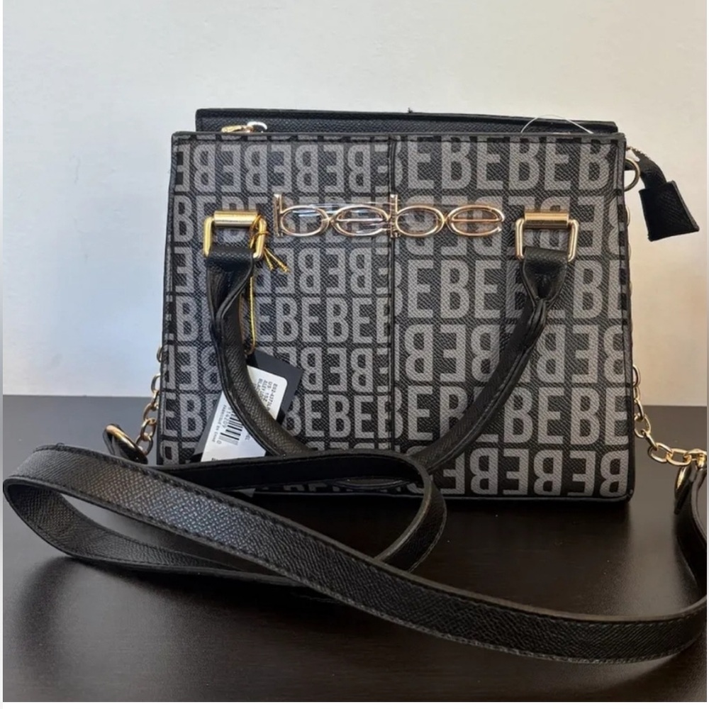 👜 BEBE Monogram Black & Gold Crossbody Bag W/ handles, detachable shoulder strap